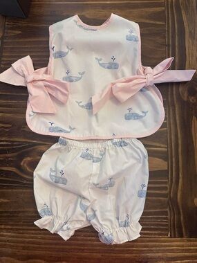 The Beaufort Bonnet Company Pink & Blue Whale Bib and Bloomers Set